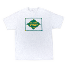 Load image into Gallery viewer, White t-shirt with a green and yellow logo on a white background
