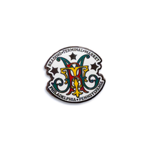 Load image into Gallery viewer, A circular enamel pin featuring the Philadelphia Terminal Market monogram with a stylized 'PM' in red, yellow, and teal, surrounded by black text reading 'READING TERMINAL MARKET' and 'PHILADELPHIA PENNSYLVANIA' on a white background.
